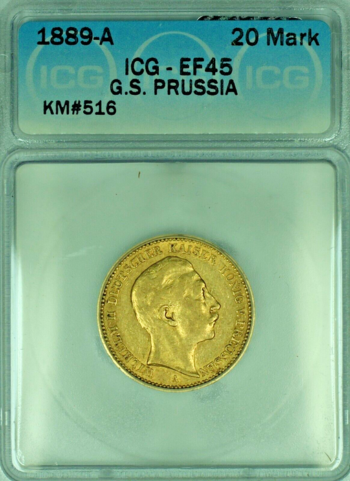 1889-A G.S. Prussia 20 Marks Gold Coin ICG EF 45