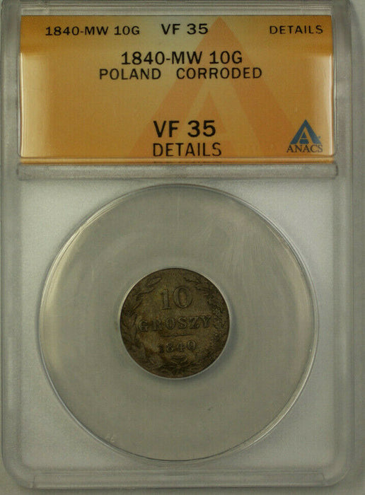 1840-MW Poland Silver 10 Grozsy Coin ANACS VF 35 Details Corroded