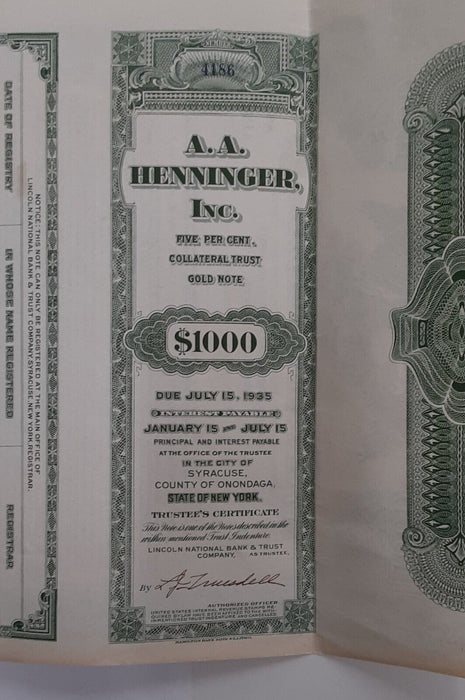 A.A. Henninger Inc. $1000 Bond Dated July 15, 1935 Crisp w/Folds - See Photos