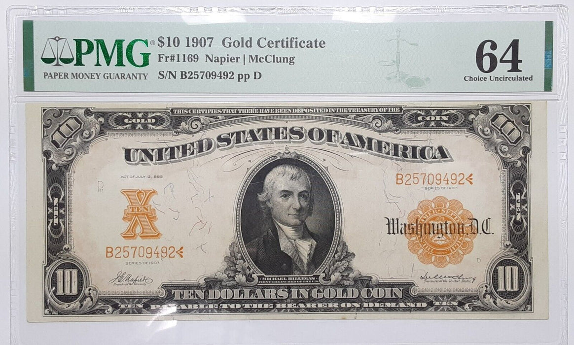 1907 $10 Dollar Gold Certificate Currency Note Fr. 1169 PMG Choice UNC 63