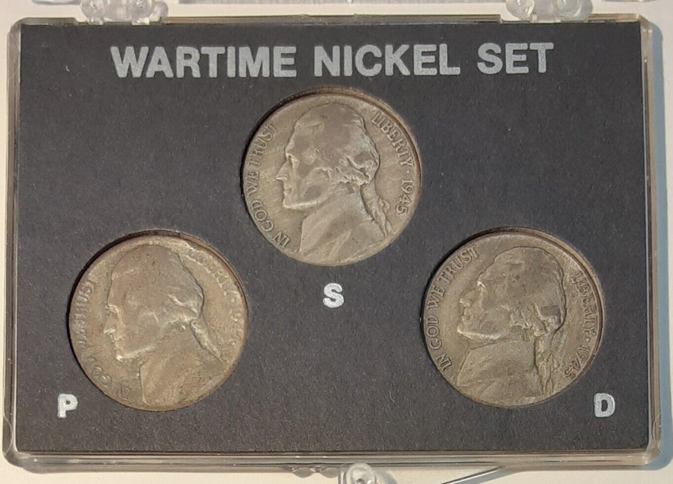 1945 P,D,S Silver War Nickel Set - 3 Coins Total in Plastic Holder - Avg. Circ.