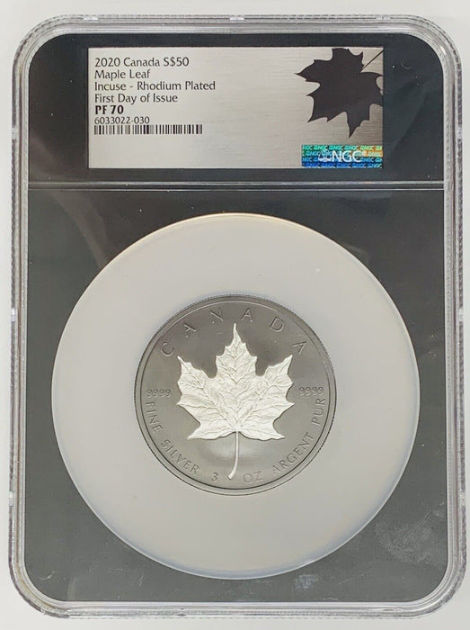 2020 Canada $50 Maple Leaf-Rhodium Plated NGC PR 70 FDOI, NGC Mega Holder