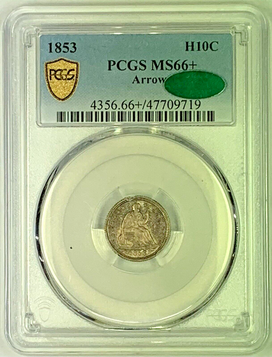 1853 Seated Liberty Half Dime Arrows, Toned-PCGS & CAC MS 66+ (Gorgeous GEM)
