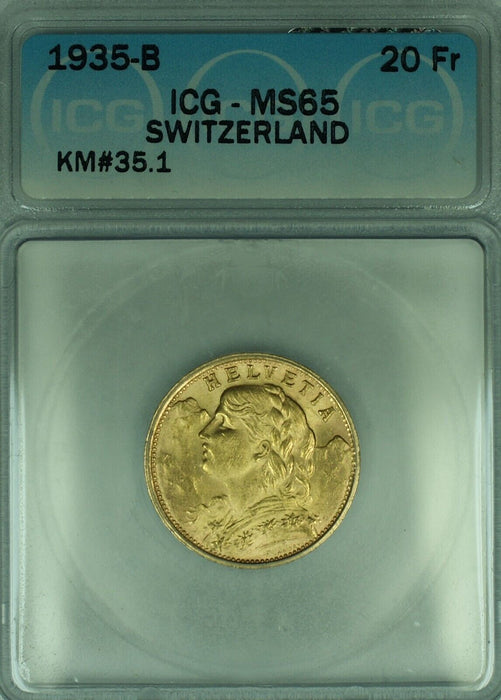 1935-B Switzerland 20 Francs Gold Coin ICG MS 65