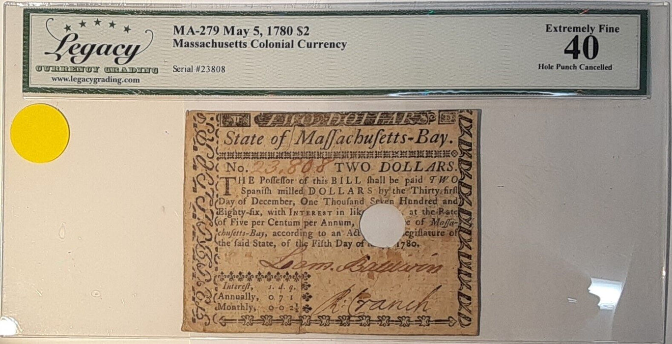 May 5, 1780 $2 Massachusetts Colonial Currency Legacy EF 45  MA-279