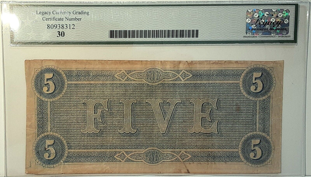1864 Issue CSA $5 Note T-69  Legacy Very Fine 30   Lynchburg Hoard   A