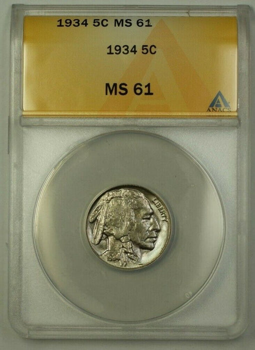 1934 US Buffalo Nickel 5c Coin ANACS MS-61 (Better)