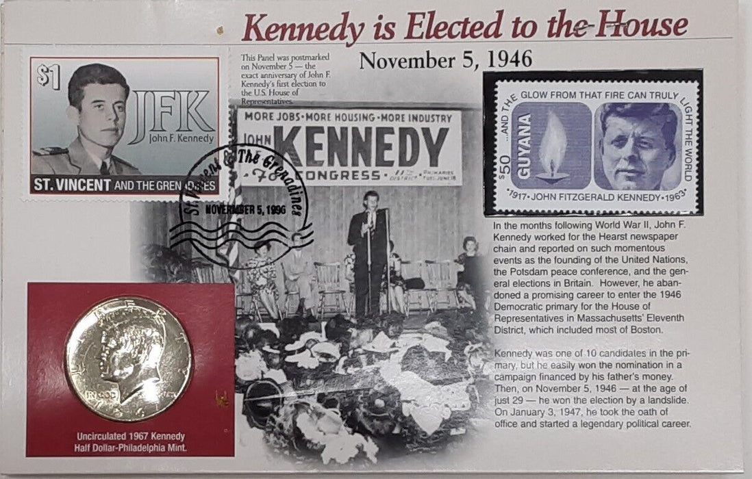 Kennedy Half Dollar Collection w/Stamps on Info Card/1946 JFK Elected to House