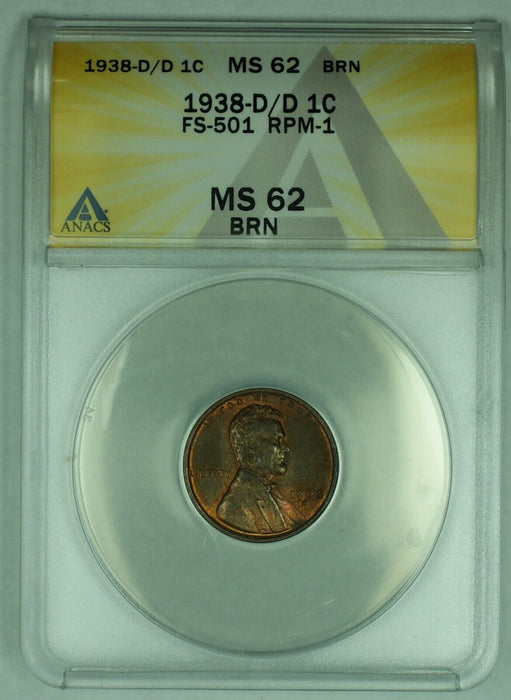 1938-D/D Lincoln Wheat Cent 1C Coin FS-501 ANACS MS 62 BN (20)