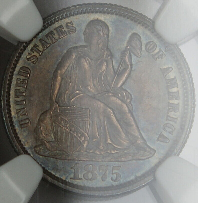 1875-CC Above Bow Seated Liberty Dime, NGC MS-63 Toned, *Gem BU Coin* EGB