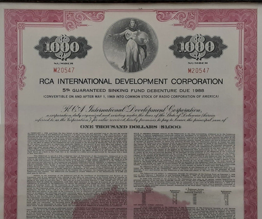 RCA Int'l Development Corp. $1000 Bond Dated Feb. 1, 1988 in Frame - See Photos