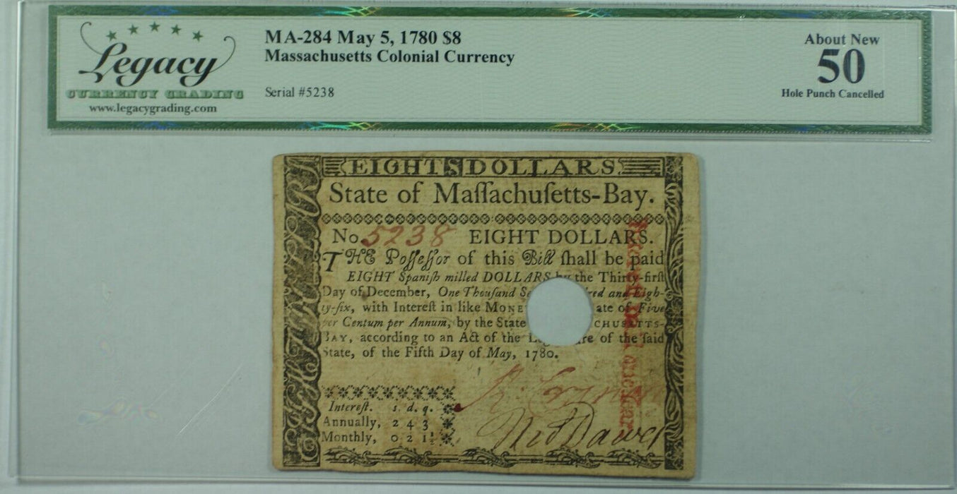 1780 $8 Massachusetts Colonial Currency MA-284 Legacy AU 50