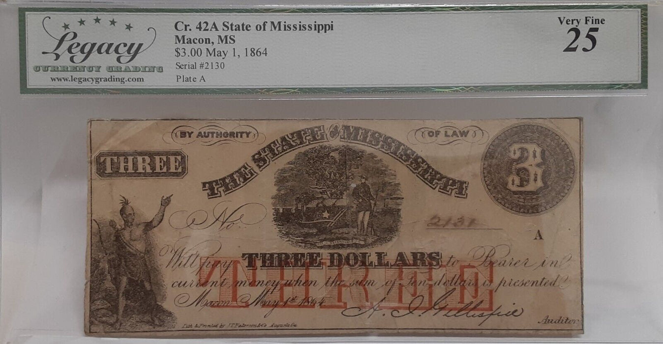 May 1, 1864 Issue State of MS at Macon $3 Note  Legacy VF 25 w/Comments