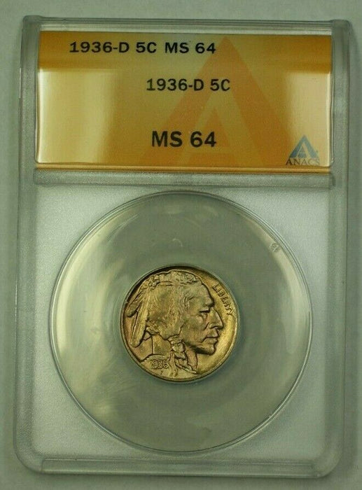 1936-D Buffalo Nickel 5c ANACS MS-64 (Better Coin) (F) (WW)