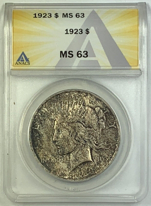 1923 Peace Silver $1 Dollar Coin Toned ANACS MS 63 A
