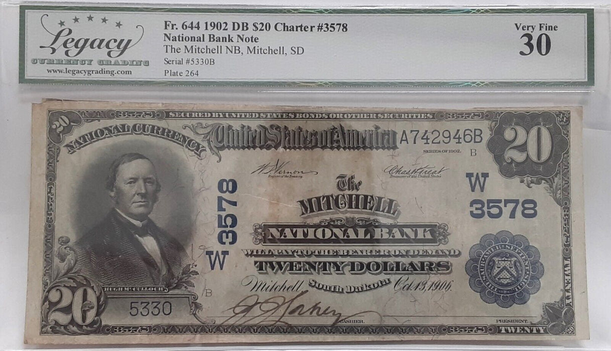 1902 $20 Nat'l Currency DB Mitchell NB, Mitchell SD CH#W3578 Legacy VF-30
