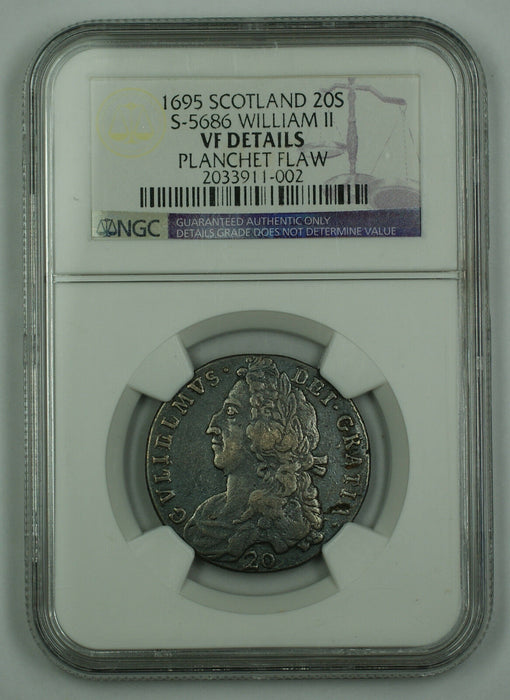 1695 Scotland 20s Shilling Silver Coin S-5686 William II NGC VF Details Flaw AKR