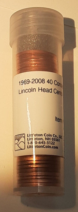 40 Consecutive Years Lincoln Memorial Cents 1969-2008 BU in Littleton Coin Tube