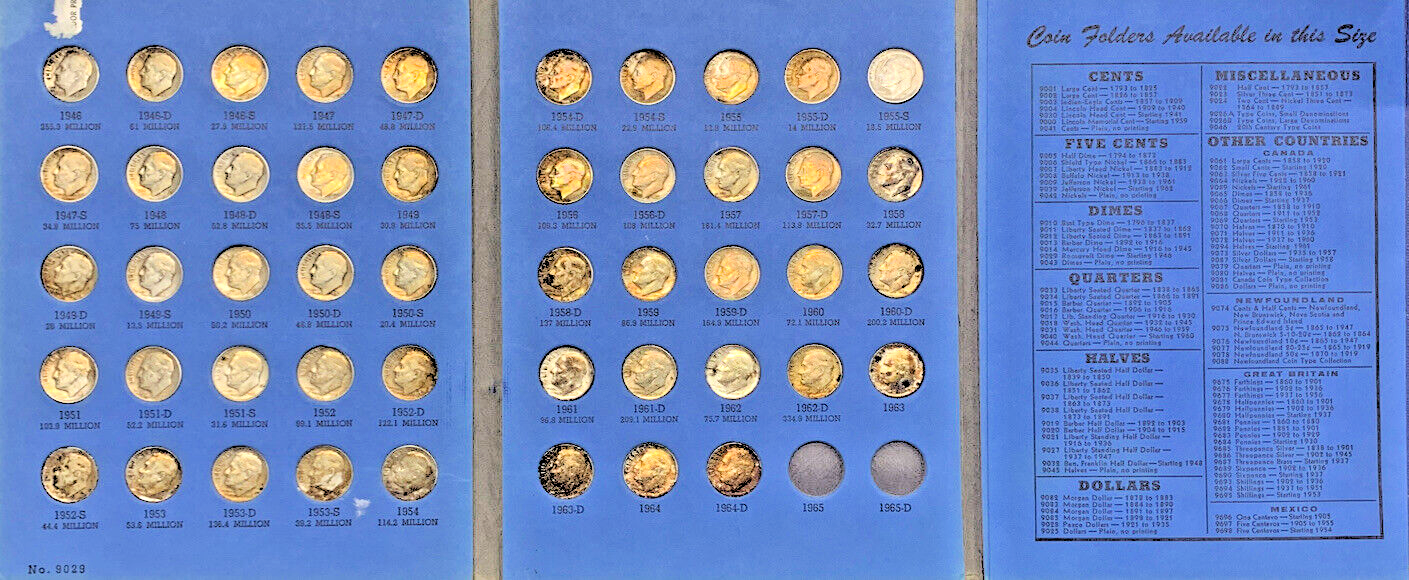 1946-1964 Roosevelt Silver Dime Toned Set-Whitman Coin Folder (E)