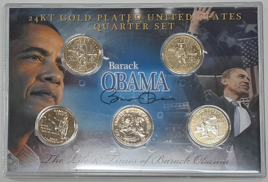 The Obama Collection 5 Colorized & Gold-Plated Quarters in Info Case