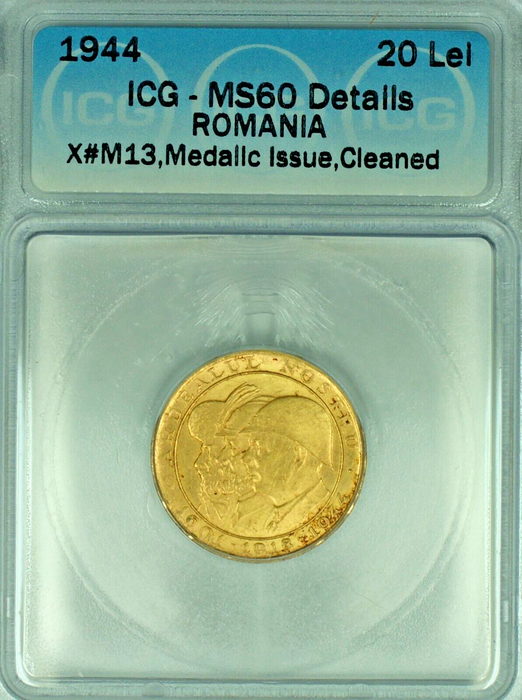 1944 Romania 20 Lei Gold Coin 3 Kings ICG MS 60 Details