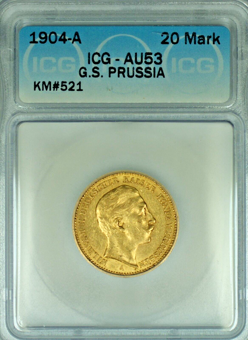 1904-A G.S. Prussia 20 Marks Gold Coin ICG AU 53