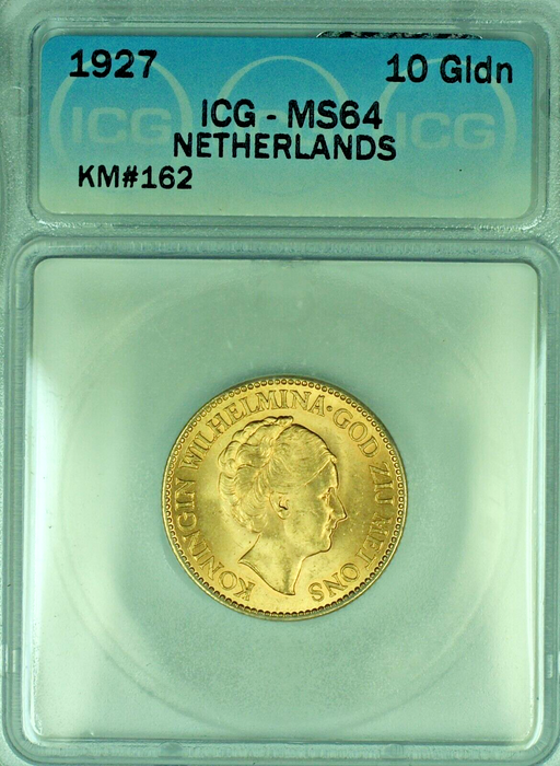 1927 Netherlands Gulden Gold Coin ICG MS 64