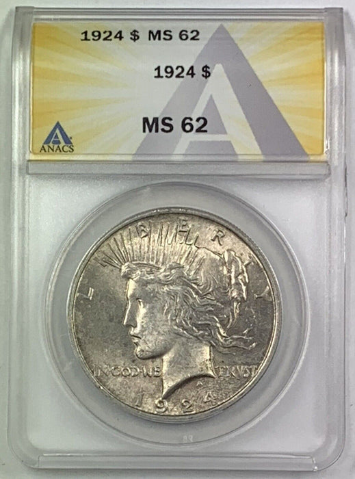 1924 Peace Silver $1 Dollar Coin Toned ANACS MS 62