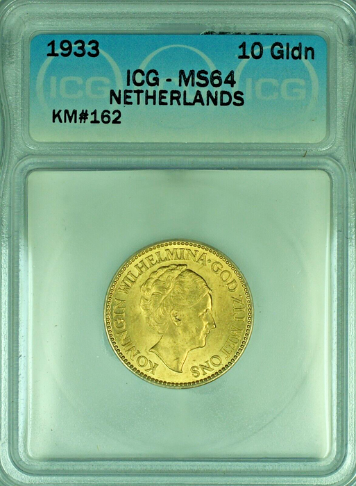 1933 Netherlands Gulden Gold Coin ICG MS 64