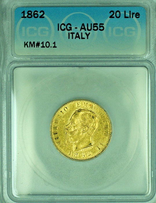 1862 Italy 20 Lire Gold Coin ICG AU 55