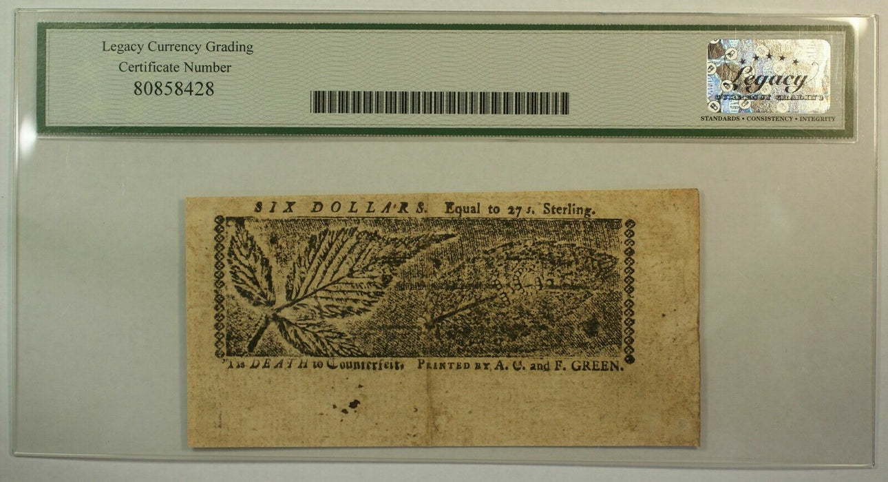 April 10 1774 $6 Maryland Colonial Currency MD-69 Legacy XF-45 PPQ (AKR)