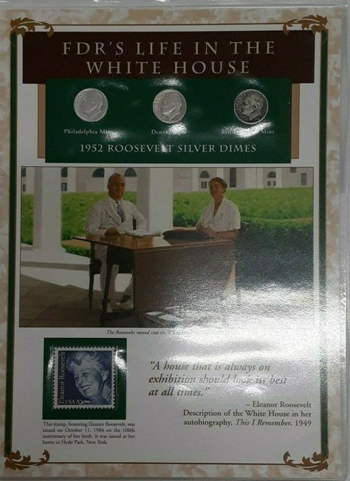 Life&Times of FDR 1952 - 3 Roosevelt Dimes W/Stamp & Info Card White House Life