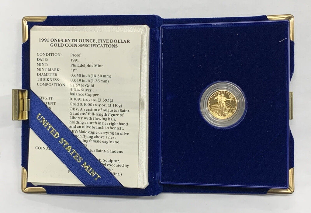 1991 $5 Proof American Gold Eagle, 1/10 OZ Fine Gold-Box & COA