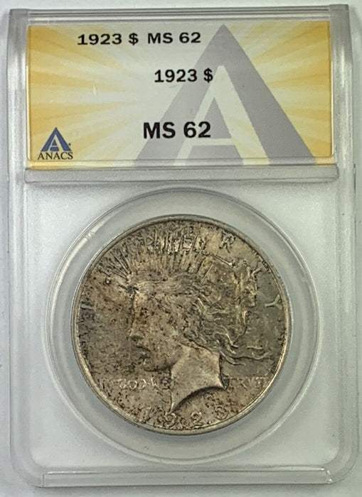 1923 Peace Silver $1 Dollar Coin Toned ANACS MS 62 A
