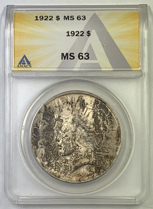 1922 Peace Silver $1 Dollar Coin Toned ANACS MS 63