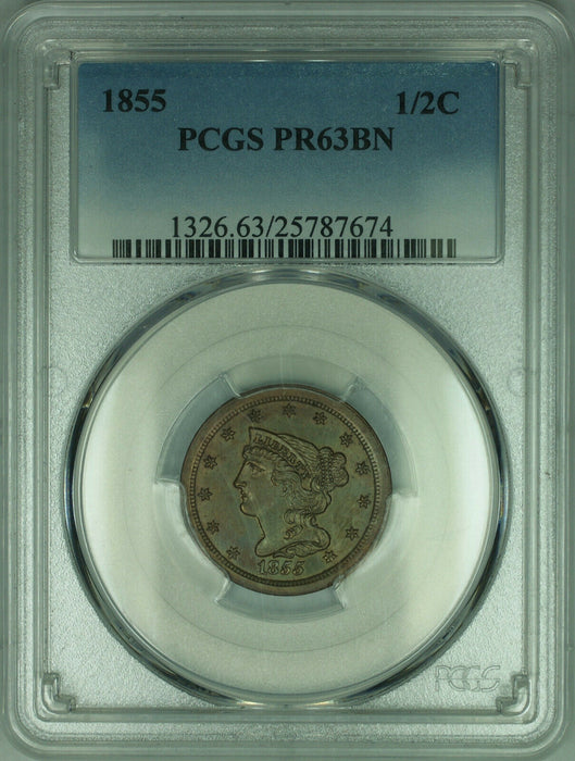 1855 Braided Hair Half Cent 1/2c PROOF Coin PCGS PR-63 BN