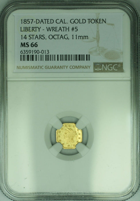 1857 Cal. Gold Token, Liberty - Wreath #5, 14 Stars, Octagonal 11MM NGC MS-66