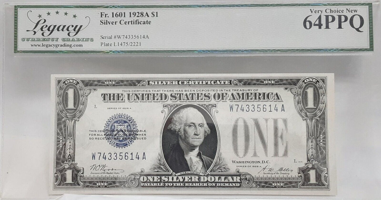 1928-A $1 Silver Certificate FR# 1601 W-A Block Legacy Very Ch New 64PPQ   F