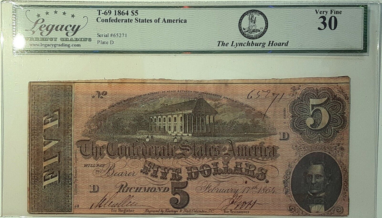 1864 Issue CSA $5 Note T-69  Legacy Very Fine 30   Lynchburg Hoard   C