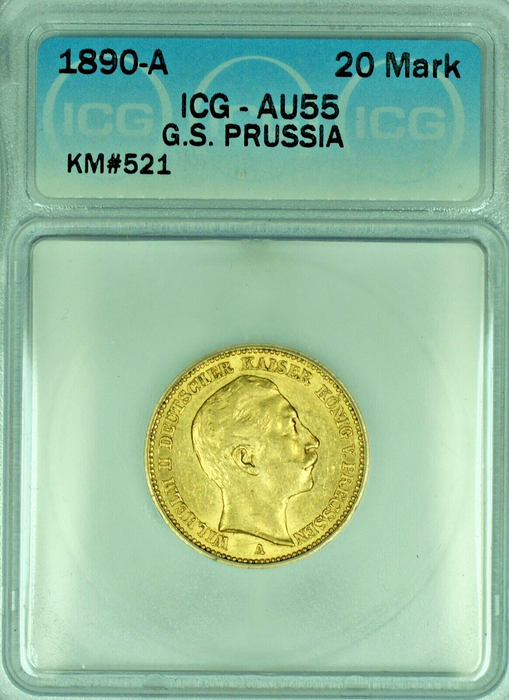 1890-A G.S. Prussia 20 Marks Gold Coin ICG AU 55