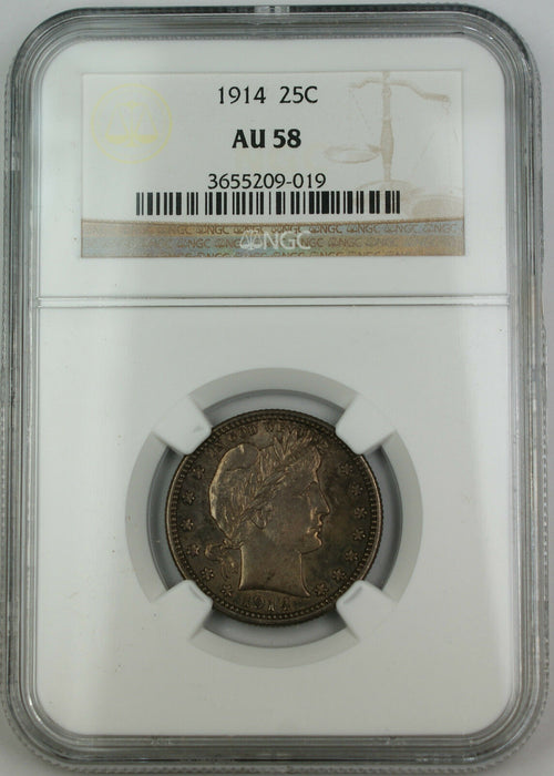 1914 Barber Silver Quarter 25c, NGC AU-58