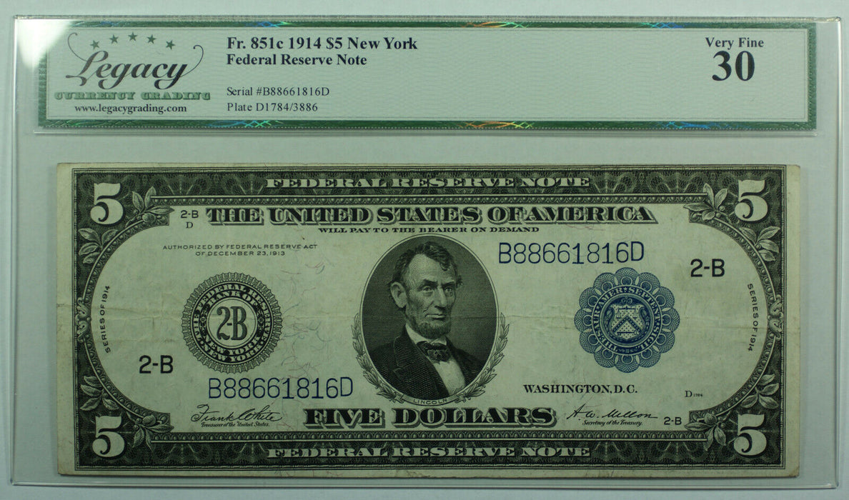1914 $5 Five Dollar New York Large Federal Reserve Note FRN Fr 851c Legacy VF-30