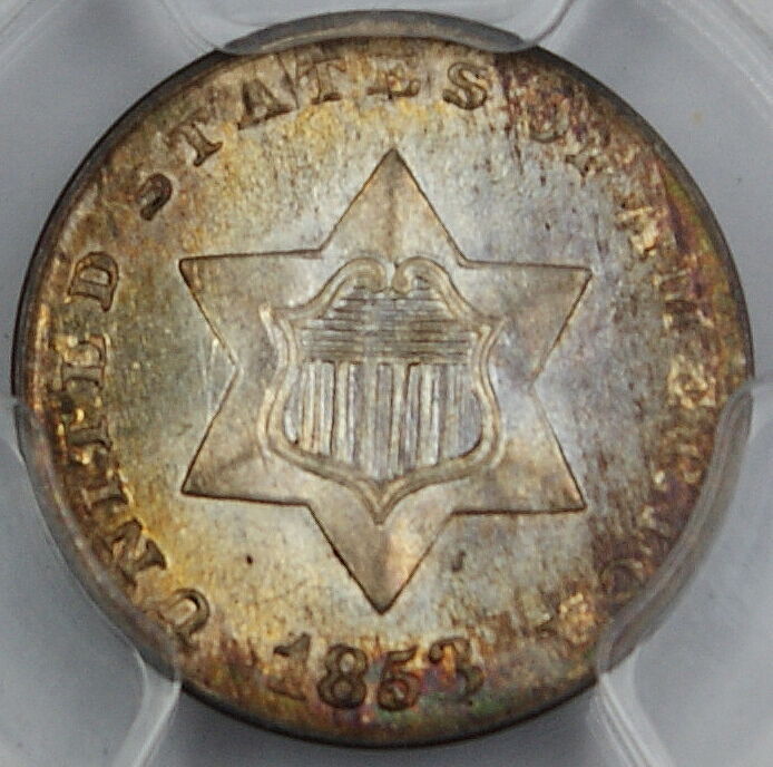 1853 3 Cent Silver, PCGS MS-64 *Great Toning* 3c Coin DGH