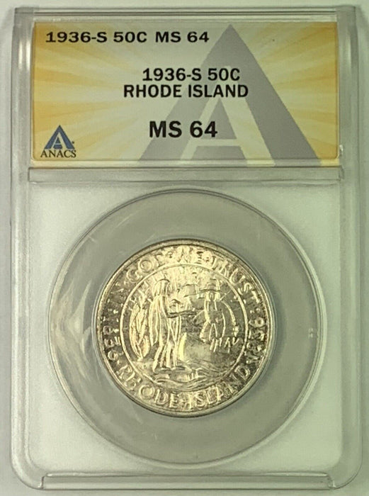 1936-S Rhode Island Commemorative Silver Half Dollar Lightly Toned ANACS MS 64