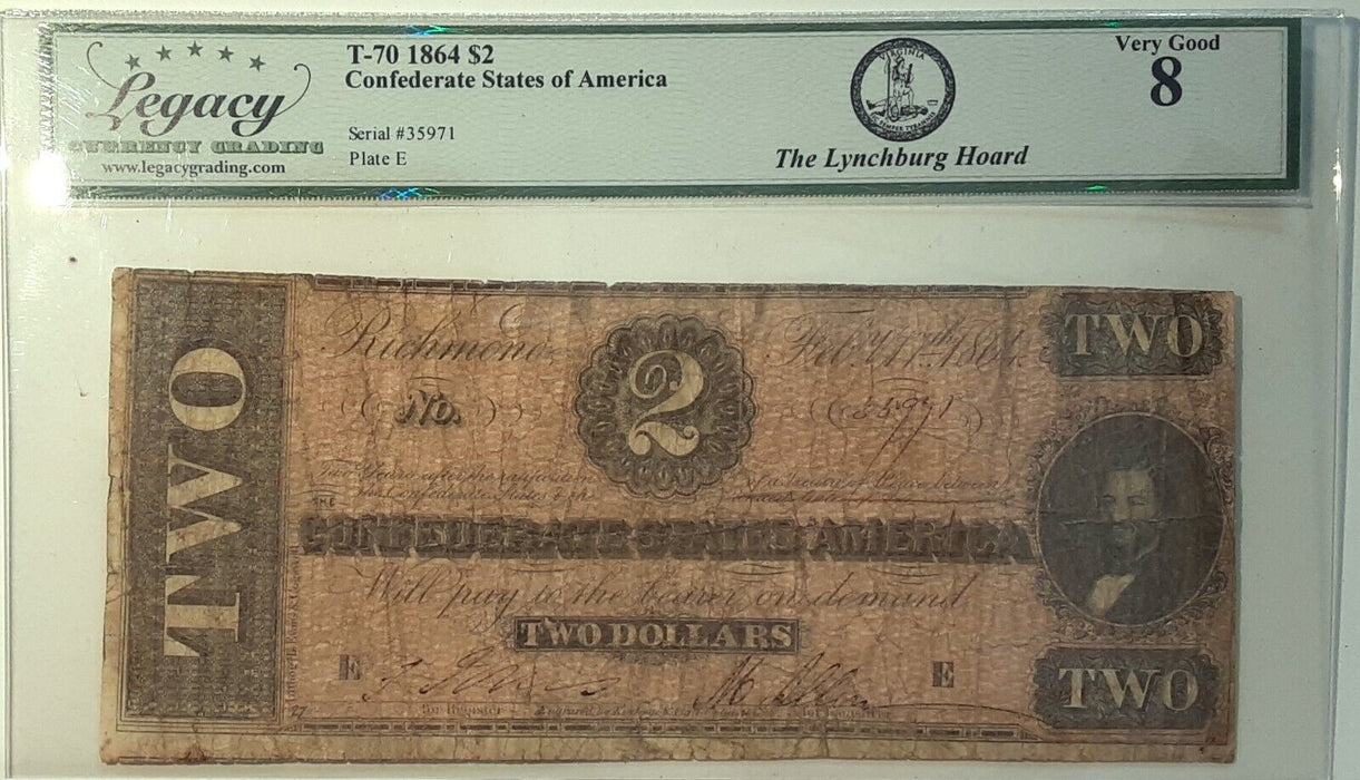 1864 Issue CSA $2 Note T-70  Legacy Very Good 8   Lynchburg Hoard   A