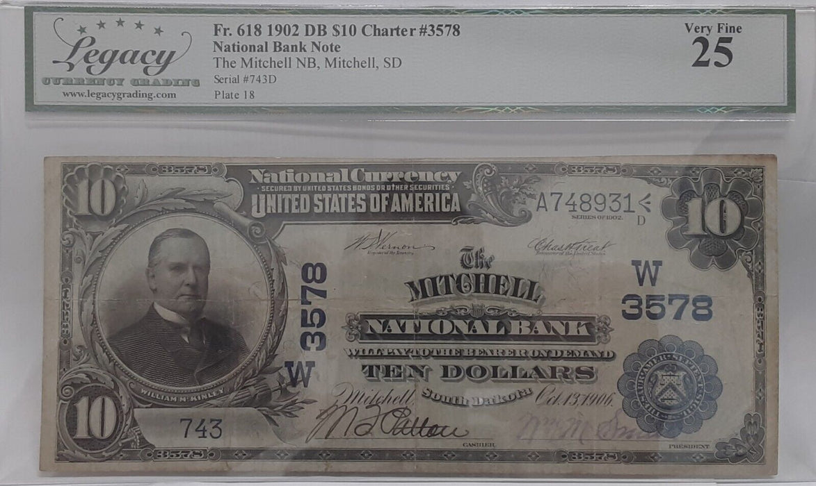 1902 $10 National Currency DB Mitchell NB, Mitchell SD CH#W3578 Legacy VF-25