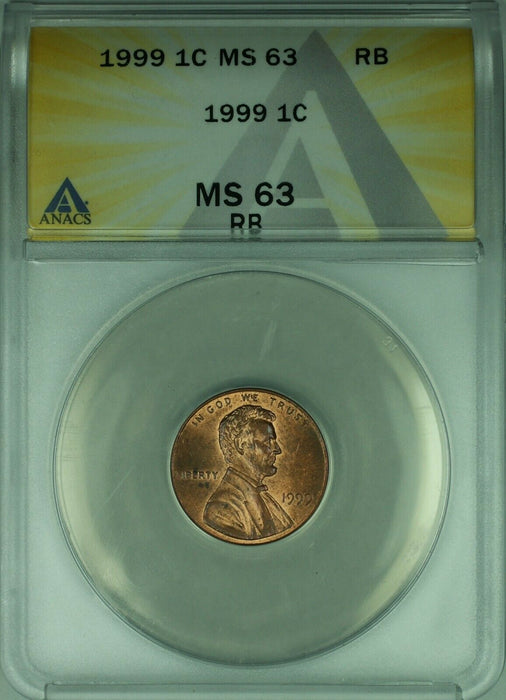 1999 Lincoln Memorial Cent 1c ANACS MS-63 RB Wide AM Variety (39)