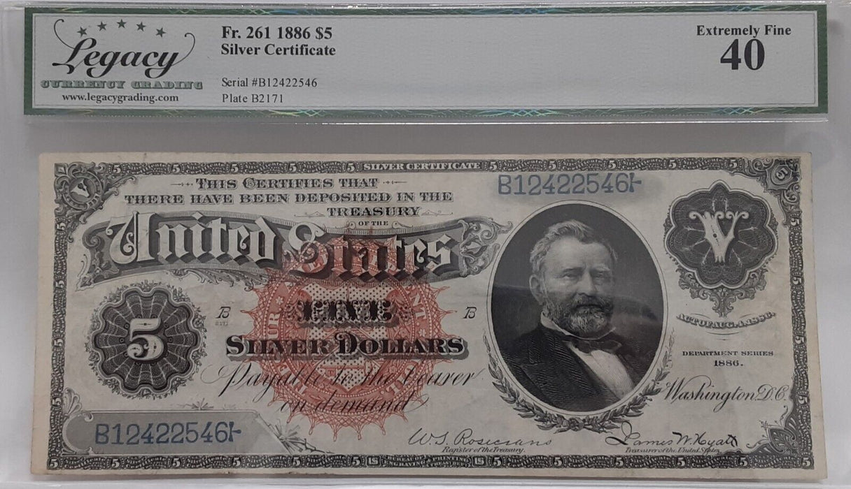 1886 $5 Silver Certificate  Rosecrans/Hyatt Sigs Fr. 261 Legacy Ex Fine-40