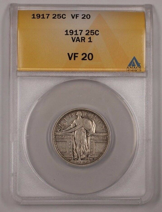 1917 Standing Liberty Quarter 25c Silver Coin Var 1 ANACS VF-20 B (1)