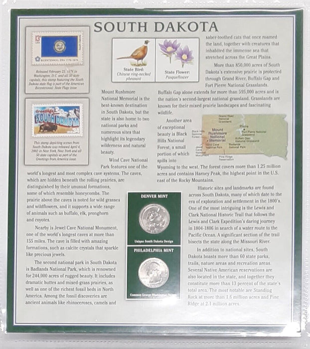2013 South Dakota Mt. Rushmore Nat'l Mem. Quarter P&D w/2 Stamps Display Card